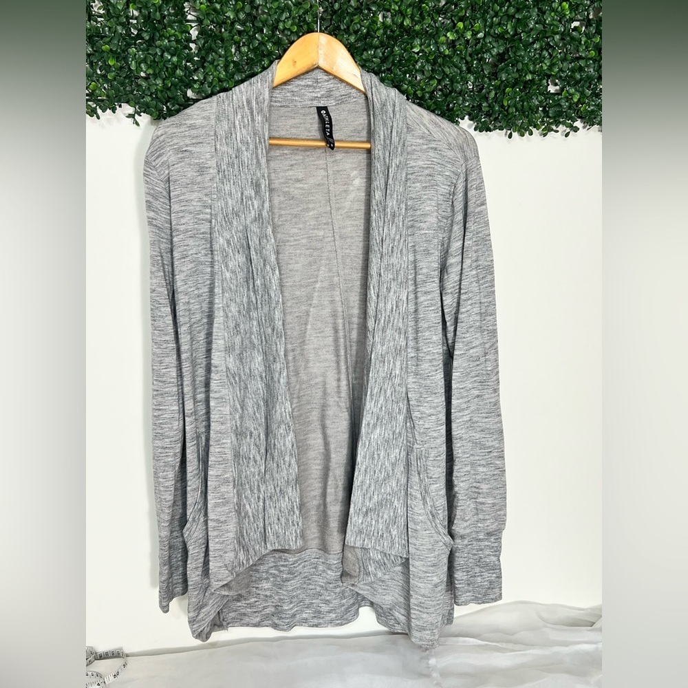 Athleta Pranayama Wrap Cardigan Sweater Gray Tight Knit Open Front Athleisure